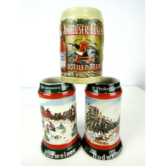 Anheuser Busch Budweiser Holiday Christmas Beer Steins Clydesdales Lot of 3 - Picture 1 of 6
